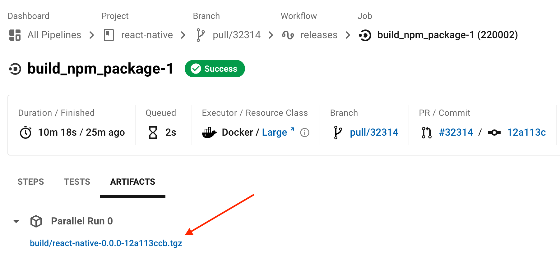 Screenshot of CircleCi artifact panel to find tarball